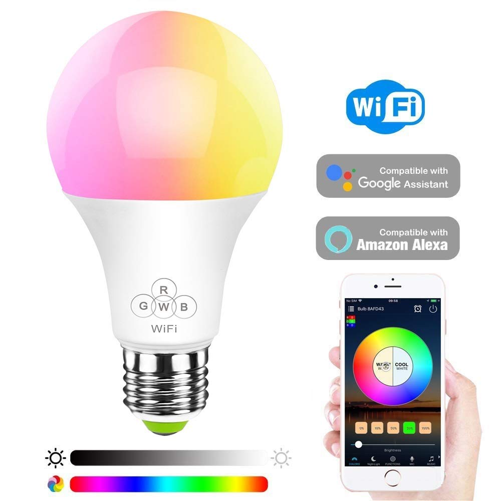 Lâmpada led inteligente e27 9w, sem fio, wi-fi, funciona com amazon alexa e google home, ifttt