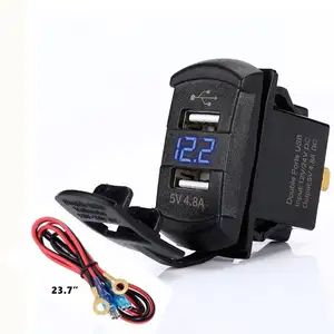 Pengisi Daya Gaya Rocker USB Ganda 4.8 Amps dengan Voltmeter Biru untuk Kapal, Polaris RZR 900