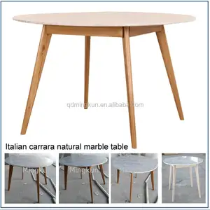 Simple design bianco di marmo tavolo da pranzo con gambe in legno