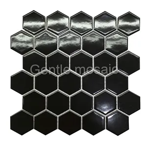 Ubin Mosaik Keramik Hitam Mengkilap, Dekorasi Dinding Premium Bentuk Segi Enam 6Mm