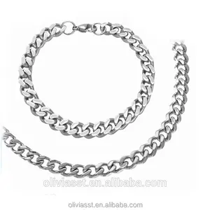 Olivia 2018 朋克男士珠宝套装不锈钢银矮胖链项链链接 6毫米手镯套装