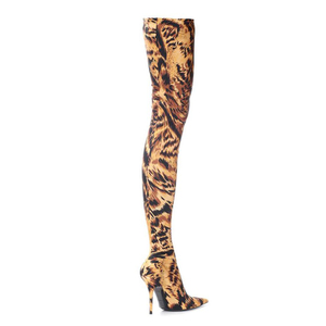 WETKISS Seksi Sivri Burun Diz Çizmeler Üzerinde Kayma <span class=keywords><strong>Stiletto</strong></span> Topuk Yüksek Streç Çizmeler Leopar Kadın Ayakkabı Kaplan Uyluk Yüksek çizmeler - Product Image 5