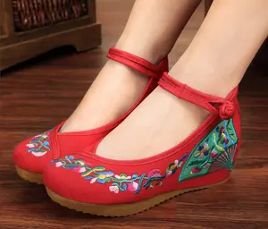 Retro National Women's Embroidery Flower Strappy Flat Hidden Wedge Heel Shoes