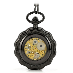 الرجال العتيقة الفاخرة العلامة التجارية قلادة الجيب وفوب الساعات ساعة الذكور أسود Steampunk الهيكل العظمي الميكانيكية ساعة جيب ذات سلسلة - Product Image 4