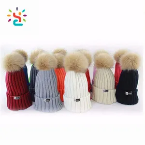 Frauen mütze Winter Strick mütze Ski mütze Bobble Hat Kunst pelz Pom 15cm Ball gerade Nadel Strick mütze Muster