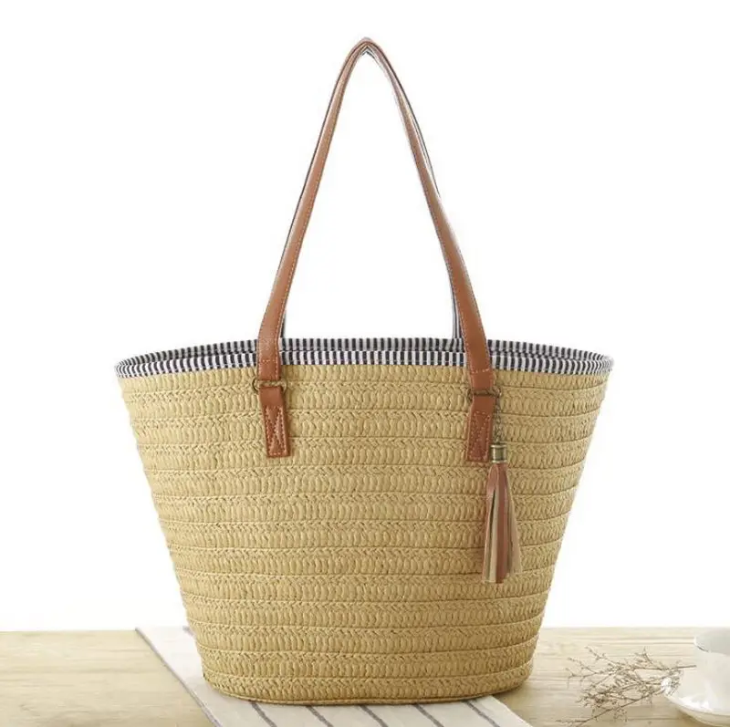 El yapımı sepet fas fransız pazarı plaj çantası, doğal uzun düz kolu rafya hasır çanta