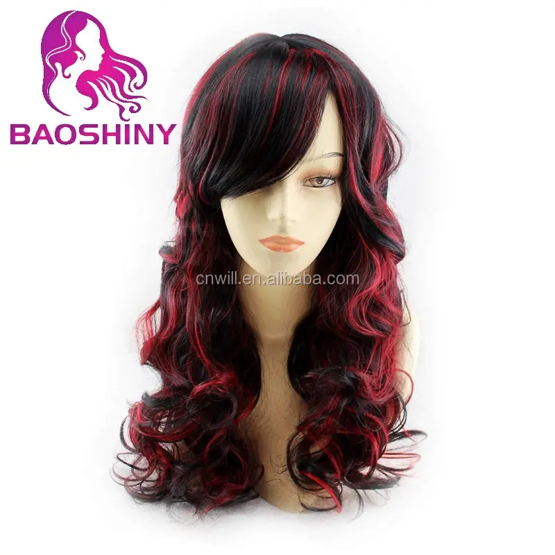 women girl natural hair style synthetic wigs wavy cosplay wig heat resistant black mixed red wig ombre Side Bang Hair