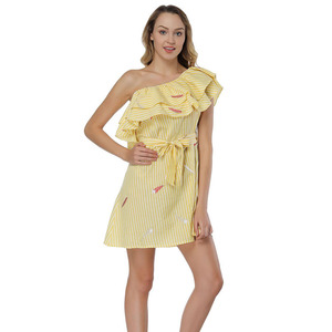 Nueva llegada impreso rayas verticales del hombro vendaje vestido de las mujeres del verano de las muchachas - Product Image 2