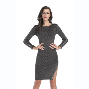 2019 Automne Hiver <span class=keywords><strong>O</strong></span> Cou À Manches Longues Tricoté Laine Boutons Latéraux de Split Dames Femmes Robe Moulante 2018 sexy - Product Image 1