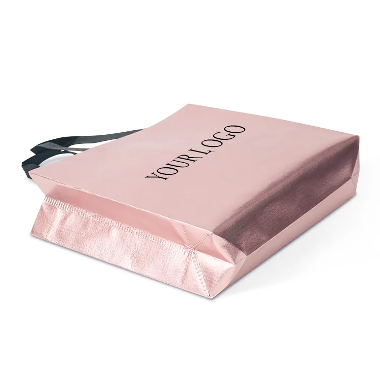फैशन लक्जरी टुकड़े टुकड़े में गुलाबी पीपी गैर बुना कपड़े पुन: प्रयोज्य ecobag ढोना शॉपिंग बैग संभाल के साथ कस्टम मुद्रित लोगो