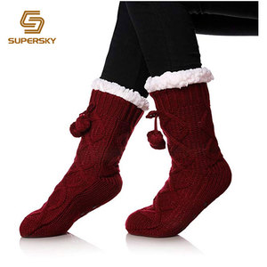 Burgundy hai lớp Sherpa Lót Dệt Kim Dép vớ chống trượt Acrylic Dép Vớ với lót - Product Image 2