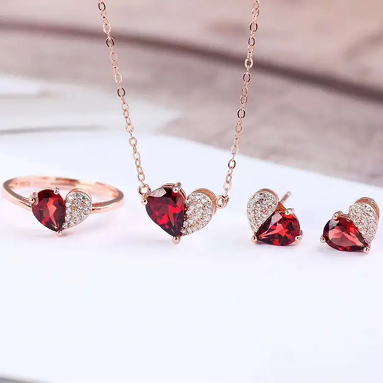 SGARIT Drop Shipping Alami Batu Permata Perhiasan Merah Garnet Stud Anting-Anting Kalung Liontin Cincin 925 Sterling Silver Perhiasan Set