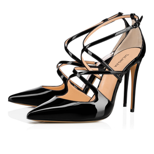 Chaussures d'été noires à talons aiguilles pour femmes 2019, chaussures habillées en cuir verni rouge, talons de mariage nude pour femmes, bout pointu, talons hauts, escarpins à brides - Product Image 5