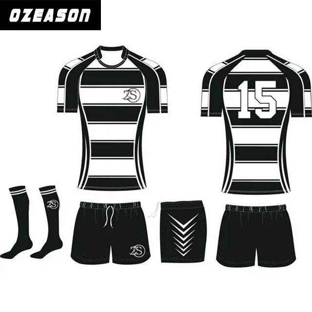 100% Polyester Gesublimeerde Zwarte Kleuren Gestreepte Rugbytruien, Rugbyshirts