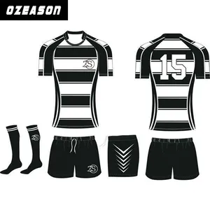 Camisas de rugby 100% poliéster sublimadas com cores pretas listradas, camisas de rugby