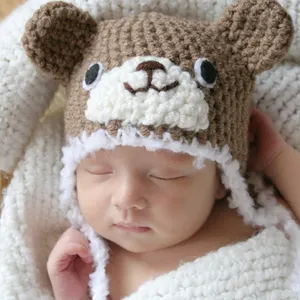 新生婴儿熊帽子钩针婴儿棉熊帽子与白色修剪耳朵皮瓣帽子可爱手工婴儿照片道具豆豆