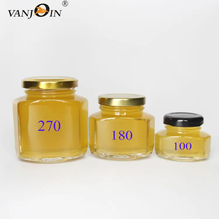 Venta al por mayor único barato clara Oval Hexagonal 180ml de vidrio de 270ml frascos de miel de almacenamiento de alimentos