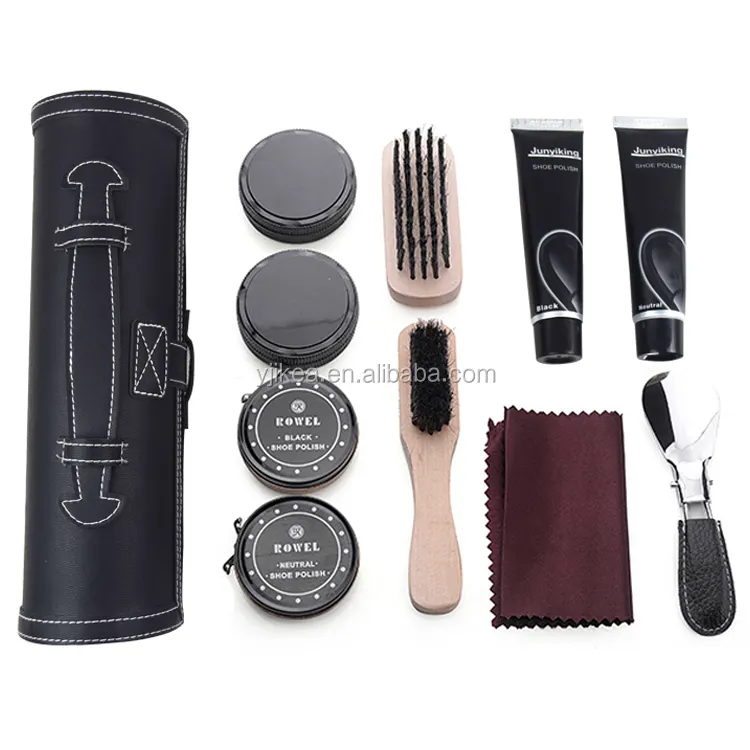 High Quality 11pcs Accessories Black PU Leather Shoe Care Kit