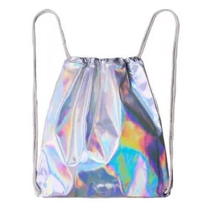 Custom designer shinny argent étanche heavy duty gym argent shinny hologramme laser plaine hommes femmes cordon sac à dos