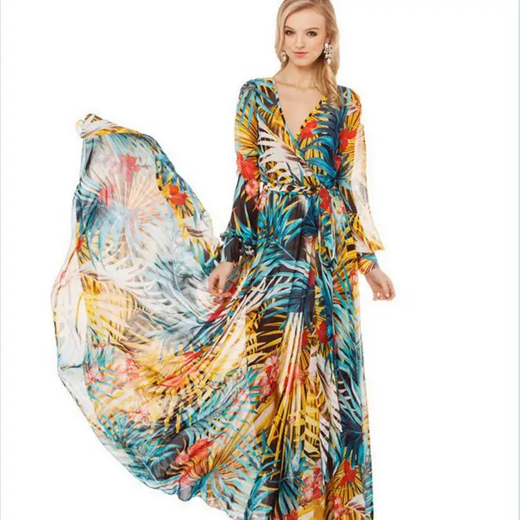 New Directions Puff Sleeve Clothing for Women Bohemian Long Maxi Chiffon Dress