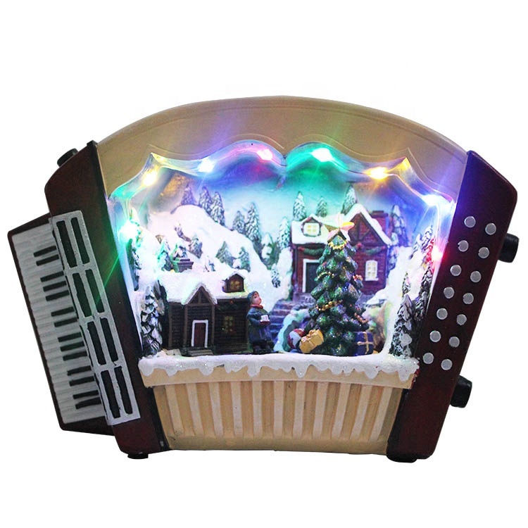 Wholesale Customized Melody Led Lighted Musical Resin Accordion Figurine Xmas Village Scene Christmas Decoration