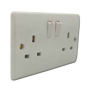 double UK socket with switch white color plastic plate wall socket