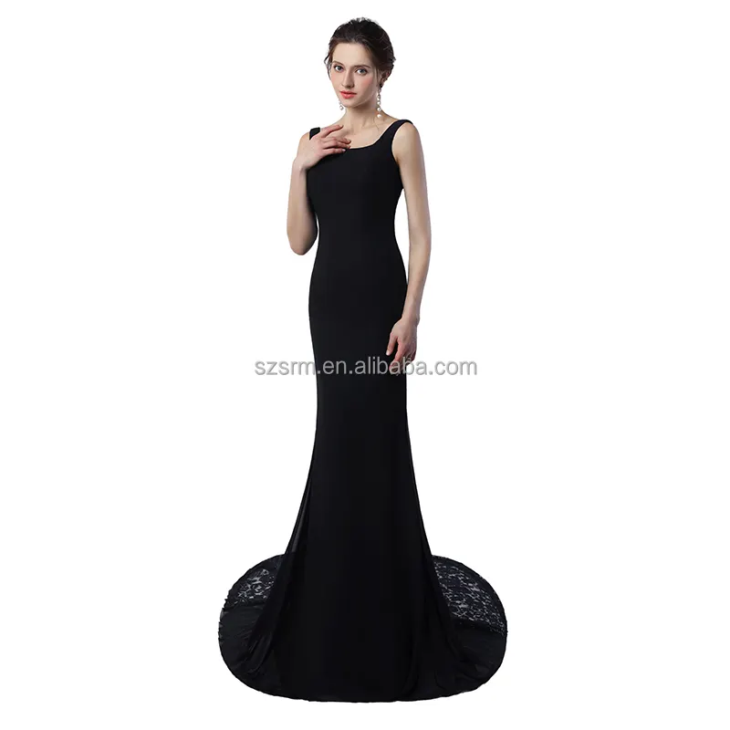 Gaun malam ritsleting tanpa lengan, gaun pesta warna hitam desain sederhana yang indah, gaun Prom putri duyung menyapu tanpa lengan