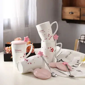 Taza de cerámica con flor de cerezo, creativa, Sakura, cuchara