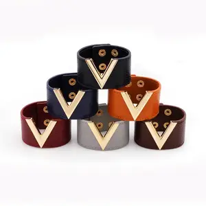 New Hand Jewelry Big Leather Bracelet Simple All-Match OL V Word Wide Leather Bracelet For Women