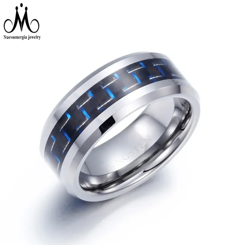 Thời Trang Cổ Điển Màu Xanh Carbon Sợi Inlay Bạc Mens Tungsten Carbide Nhẫn