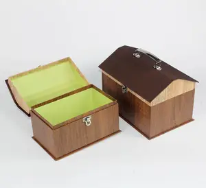 Special paper wood grain design cardboard box with house shape with metal handle