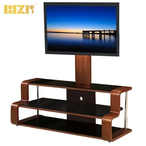 Uitstekende Kwaliteit Woonkamer Drie Zwart Glas Planken Gebogen Hout Natuurlijke Vernis Tv Stand Voor 32 "~ 55" lcd Led Tv Kast