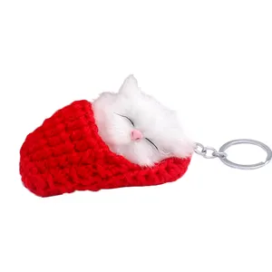 Cute Sleeping Cat Pompom Keychains For Women Girls Handmade Woven Shoes Faux Rabbit Fur Kitten Key Chains Fluffy Car Rings