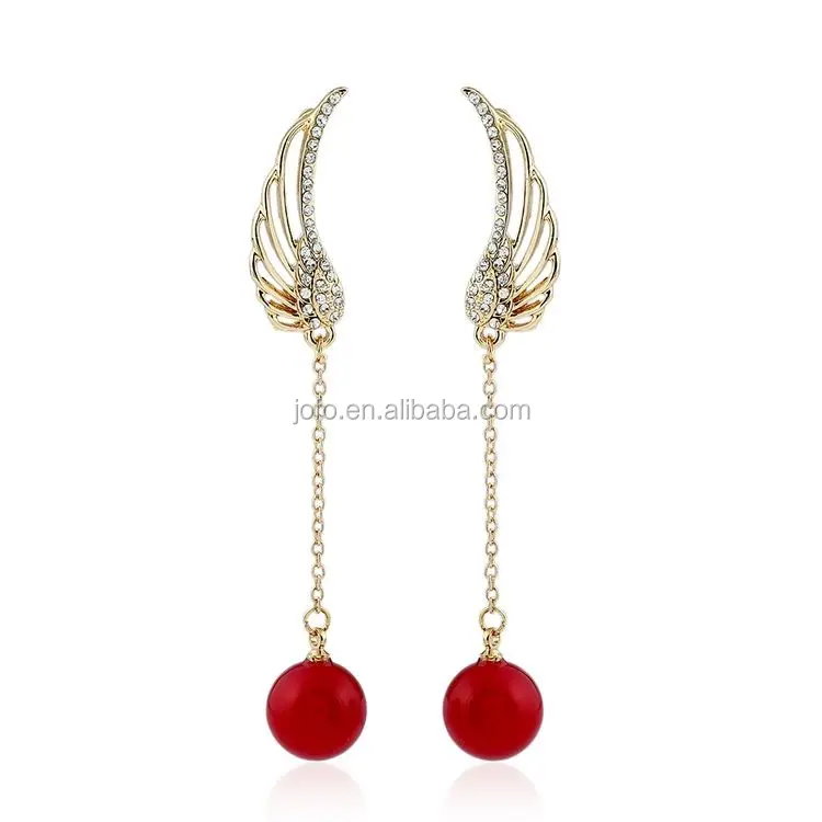 Latest Fashion 금 Plated Crystal Hollow Angel Wings 매달려 Earring 와 펄 Jhumka Design 공장 중국