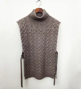 Fashion turtle neck cable pattern with slit at whole body side sleeveless sweater pullover for woman