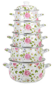 Traditional Pink Flower Green <span class=keywords><strong>Leaf</strong></span> Decal Full Color Non-Stick Enamel Cooking Deep Pot 5 pcs Set Saucepot Cesserole - Product Image 1