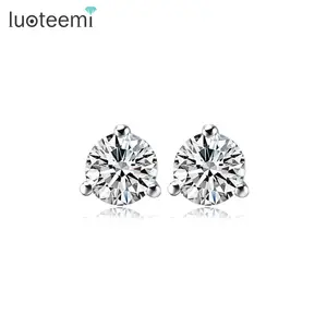 LUOTEEMI Wholesale 3 Prongs 1Single Round Clear A AA Cubic Zirconia Diamond Classic Stud Earrings