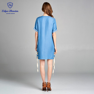 Nuevo estilo de verano de manga corta vestido de denim con ojales <span class=keywords><strong>detalles</strong></span> <span class=keywords><strong>para</strong></span> damas - Product Image 5