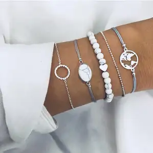 Elliptic Crack Türkis Kette Karte Hohlring Armband Perlen Silber Farbe Kette Schmuck Zubehör