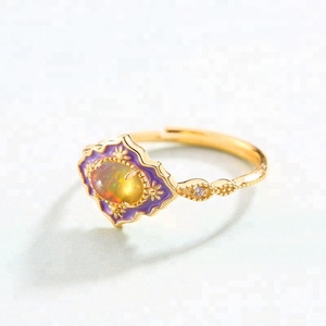 Vermeil ouro esmalte do vintage 925 jóias de prata Esterlina anel de opala de fogo natural para mulher - Product Image 3