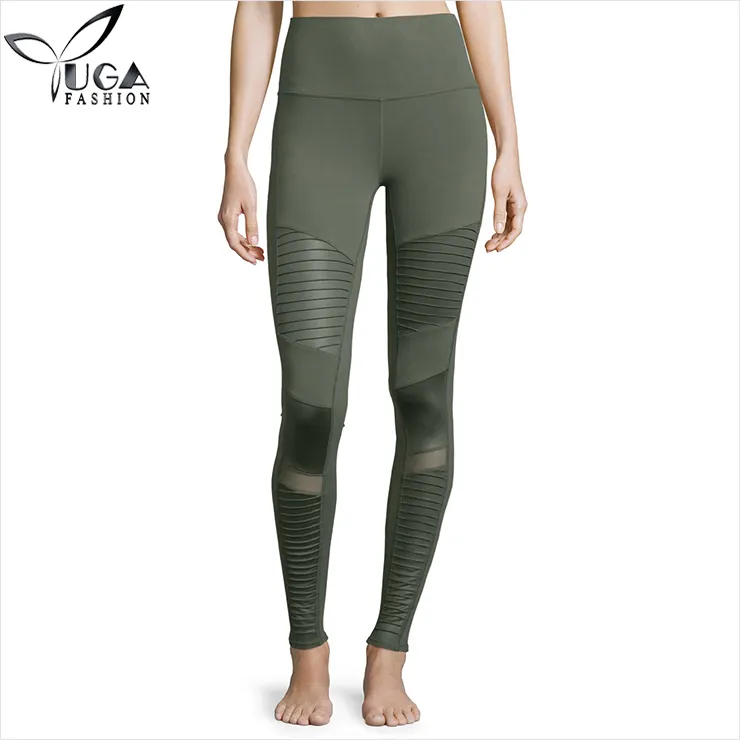 Womens Army Green Sportswear Sale High Waist Stretched Moto Leggings with Mesh Panels