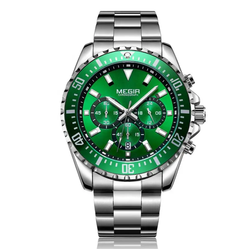 The youth students Green dial sport watch for megir brand with Chronograph movement