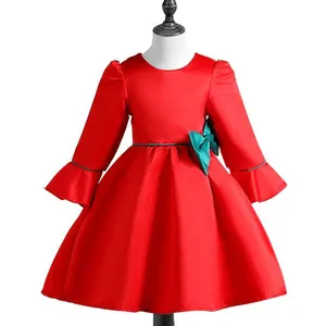 Abiti Natalizi Rossi in Raso per Bambine, Formali al Ginocchio con Decorazione a Fiocco per la <span class=keywords><strong>Collezione</strong></span> Invernale - Product Image 1
