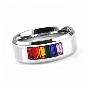 Gay Pride Jewelry Ring Seven Colors Stone Inlaid Stainless Steel Band Gay Men Ring