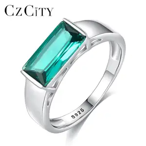 CZCITY Green Gemstone S925 Sterling Silver Jewelry Emerald Square Stone Big Ring For Women