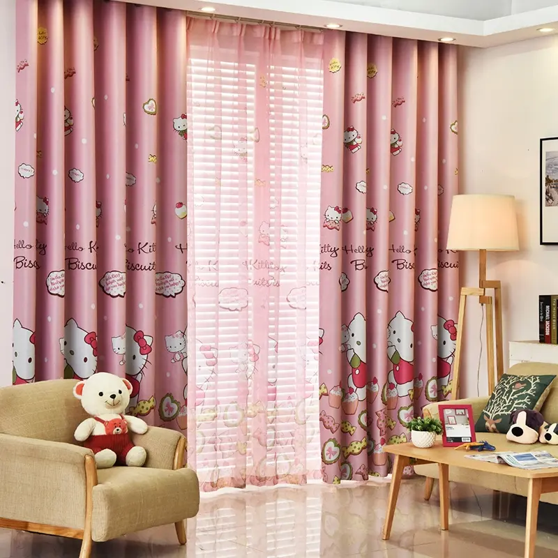 Nouveau, tissu imprimé Hello Kitty rose de haute qualité, rideaux de fenêtre glissants, panneaux de chambre d'enfant, pour maison, 1 pièce