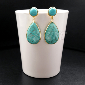 WT-E385 WKT Wholesale New Generous Real <strong>Gold</strong> Plated <strong>Dangle</strong> <strong>Earrings</strong> Teardrop Shape Green Turquoise <strong>Dangle</strong> <strong>Earrings</strong> - Product Image 2