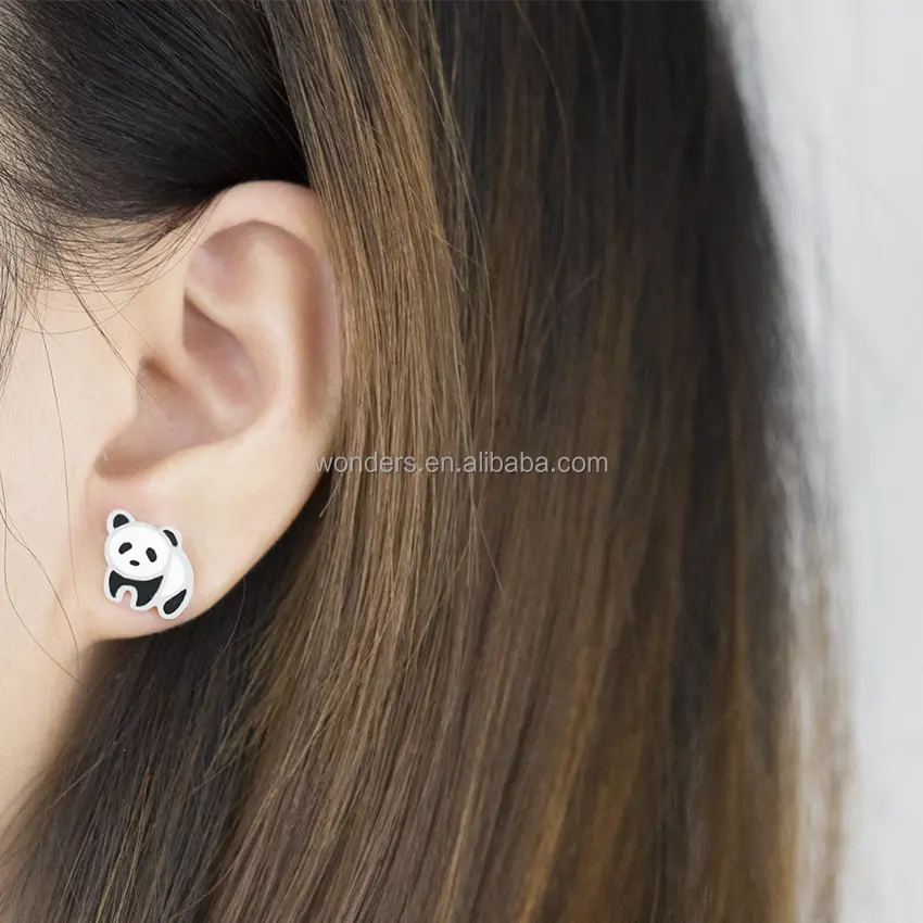 White Black Great Panda Cute Animal Enamel Earrings Studs Stainless Steel Gold Plated Earrings