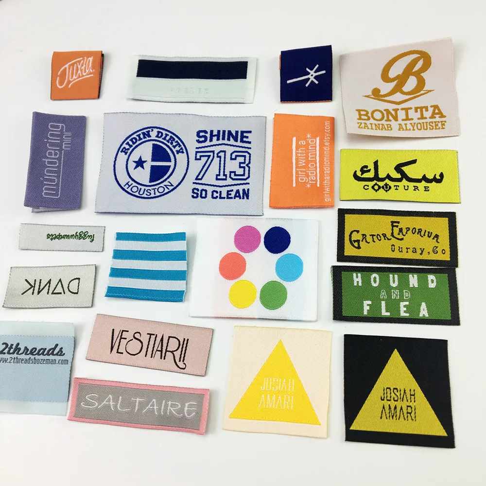 Etiqueta de algodón Damasco personalizada para el cuidado de la ropa, etiqueta de marca tejida para bolsas, zapatos, ropa