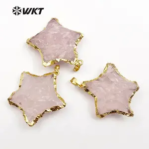 WT-P1385 New hotsales hand carved raw stone rose quartz pendant, gold trim natural pink rose quartz stone star pendant